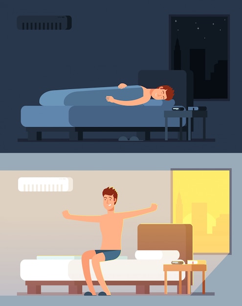 Man peacefully sleeping and dreaming in comfy bed at night and peppy waking up in morning cartoon vector concept Premium Vector