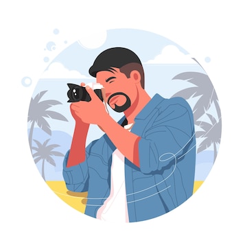 Premium Vector | Man photographer takes a photo using camera vector ...