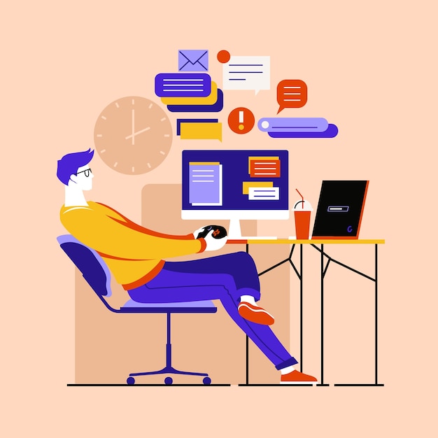 Premium Vector | Man playing video games instead on working