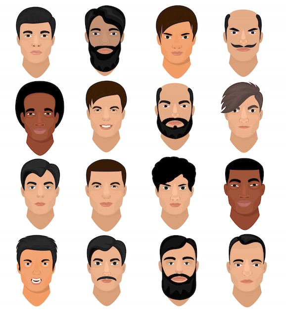男の肖像ベクトル男性キャラクターの髪型を持つ少年と様々な肌のトーンと漫画の男らしい人の顔白い顔に男性的な顔の特徴のひげイラストセット プレミアムベクター