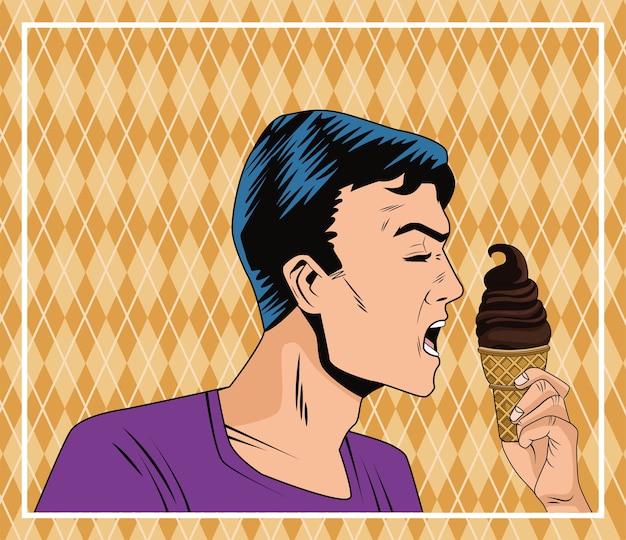 コーンクリームポップアートスタイルのキャラクターで氷を食べる男のプロフィール プレミアムベクター