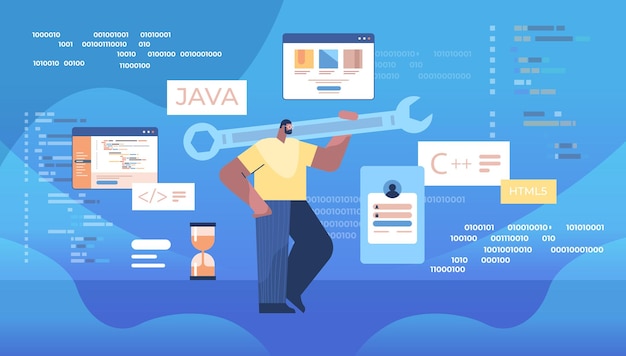 Premium Vector | Man programmer holding wrench developer optimizes ...