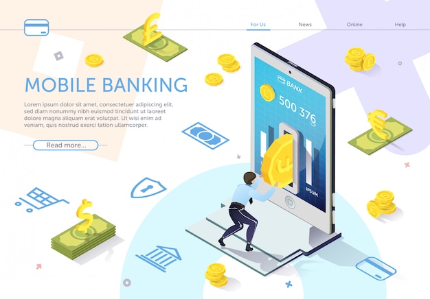 Man puts coin into hole atm. mobile banking vector Premium Vector