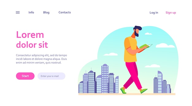 街を歩きながら本を読んでいる男 実行中に宿題をしている学生 ウェブサイトのデザインやウェブページのランディングのための勉強 教育 読者の概念 無料のベクター