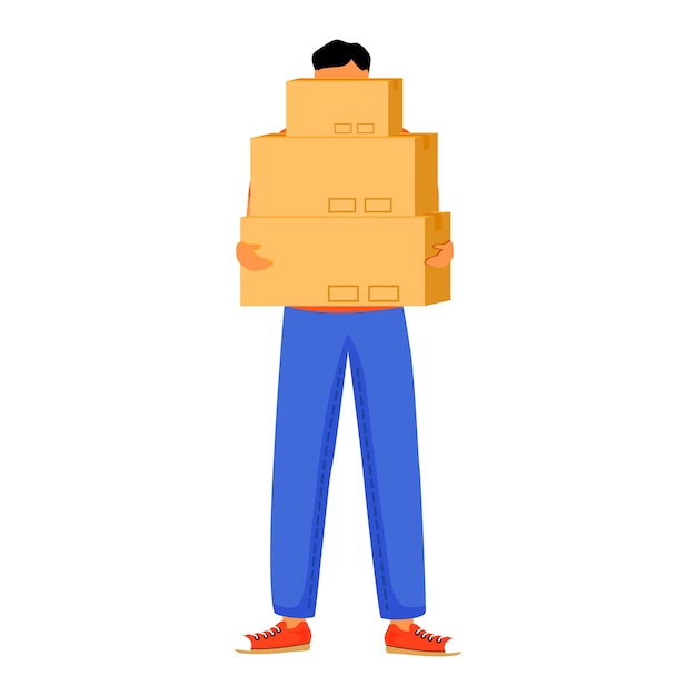 男は3つの小包フラットカラーイラストを受け取ります 郵便局で箱を手に入れる 注文を受け取る 配達サービス パッケージで立っている少年は 白い背景の上の漫画のキャラクターを分離しました プレミアムベクター