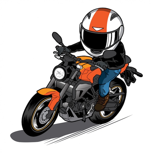 男は裸のバイクの漫画に乗る スピードバイクイラスト プレミアムベクター