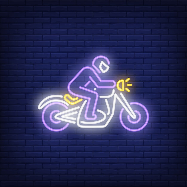 Man riding motorcycle on brick background. Neon\
style
