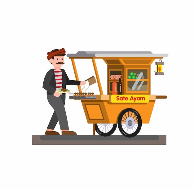 Premium Vector Man Selling Satay Chicken Indonesian Traditional Food In Cart Cartoon Flat Illustration Isolated