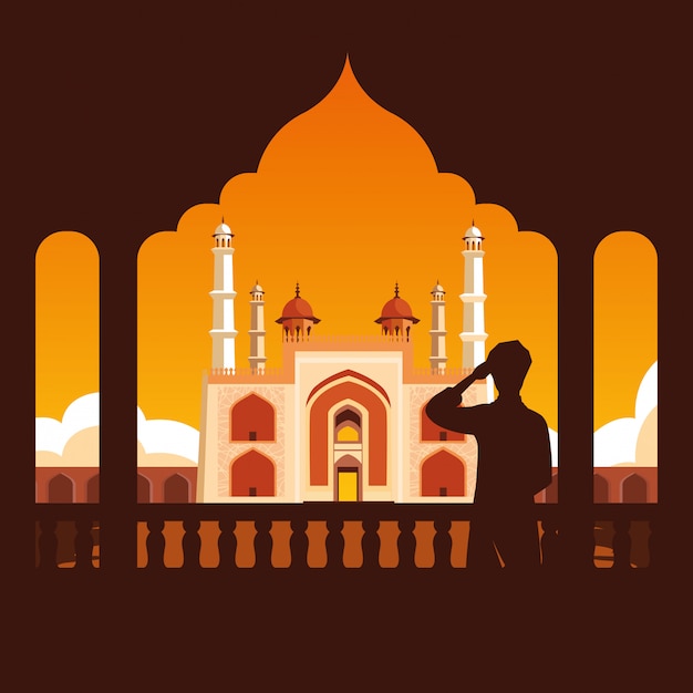 Man silhouette with gate emblematic indian Premium Vector