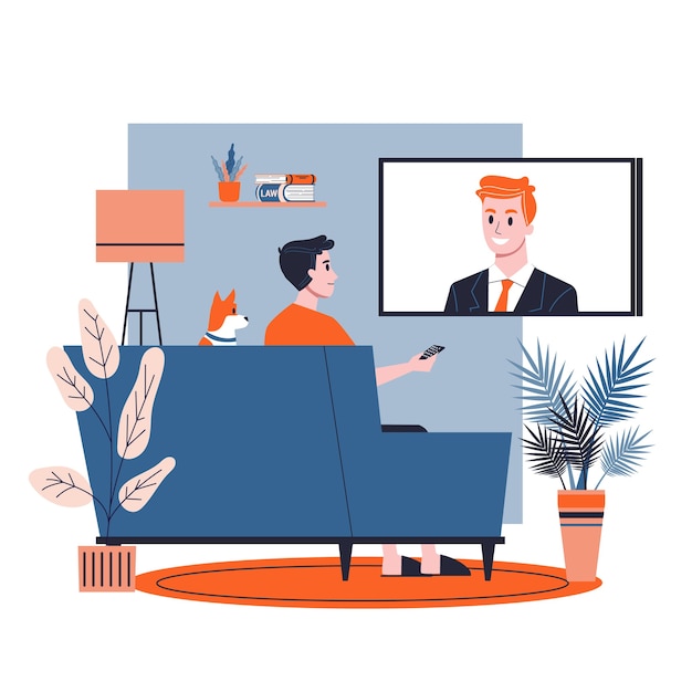 自宅のソファに一人で座っている男 男は室内でリラックスしてテレビのニュースを見ます 漫画のスタイルのイラスト プレミアムベクター