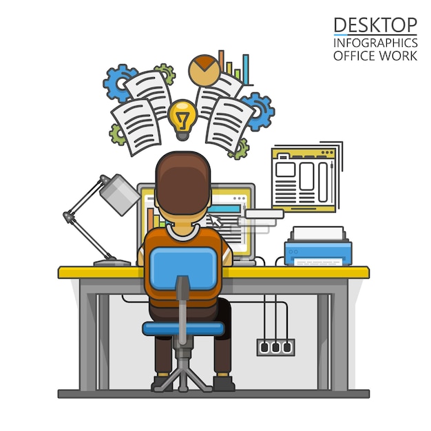 Premium Vector | Man sitting at the desktop and working on the computer ...