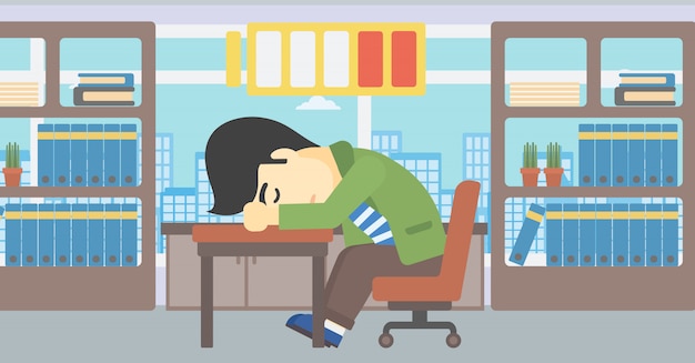 Man Sleeping At Workplace Vector Illustration Vector Premium