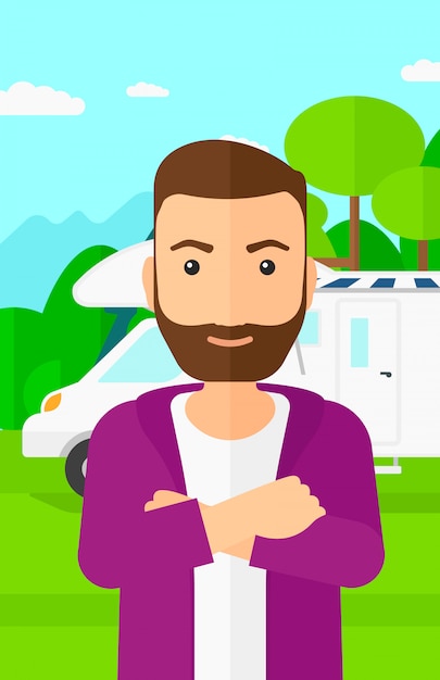 Man standing in front of motor home. Premium Vector