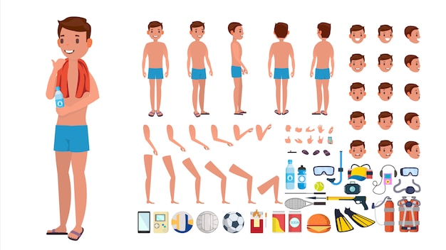 Man in swimsuit vector. animated male character in swimming trunks. summer beach creation set. full length, front, side, back view. poses, face emotions, gestures. isolated flat cartoon Premium Vector
