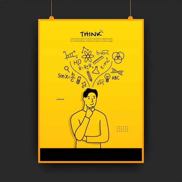 Man thinking with outline icons on yellow background, back to school poster Premium Vector