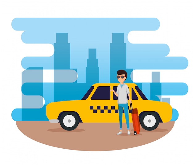 Man tourist with suitcase and taxi car Free Vector