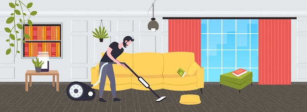 Premium Vector | Man using vacuum cleaner male janitor in uniform ...