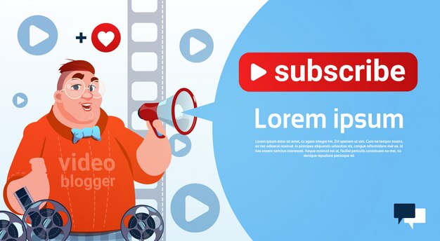 Man video blogger camera computer screen blogging subscribe concept Premium Vector