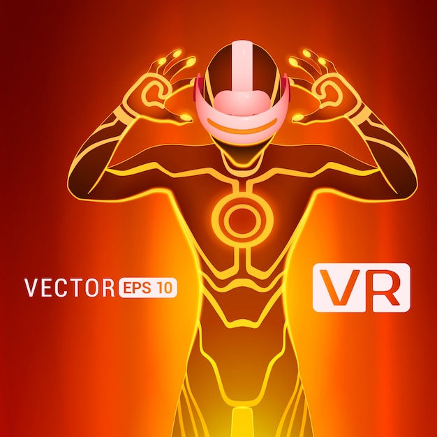 A man in a virtual reality helmet. futuristic males figure in a vr headset against the red abstract background Premium Vector