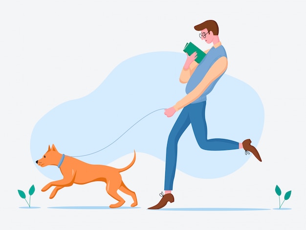 男の散歩犬漫画イラスト 彼のペットと一緒に時間を過ごして本を読んでいる男性キャラクター プレミアムベクター