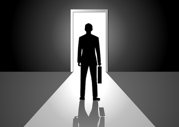 Premium Vector | Man walking into a bright door