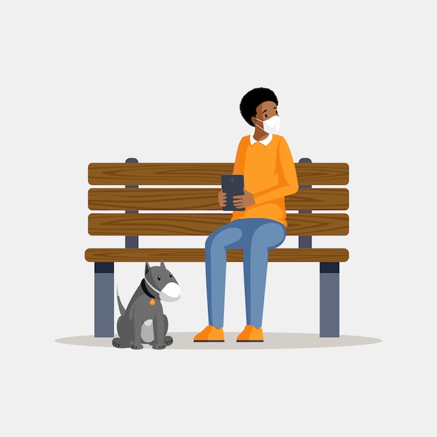 防護マスクフラットカラーイラストを着た男 公園のベンチに座っている人工呼吸器で犬とアフリカ系アメリカ人の男は 漫画のキャラクターを分離しました 大気汚染問題 スモッグからの保護 プレミアムベクター