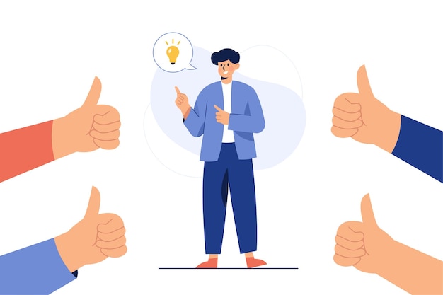 A man who thinks idea and is admired by thumbs up Free Vector