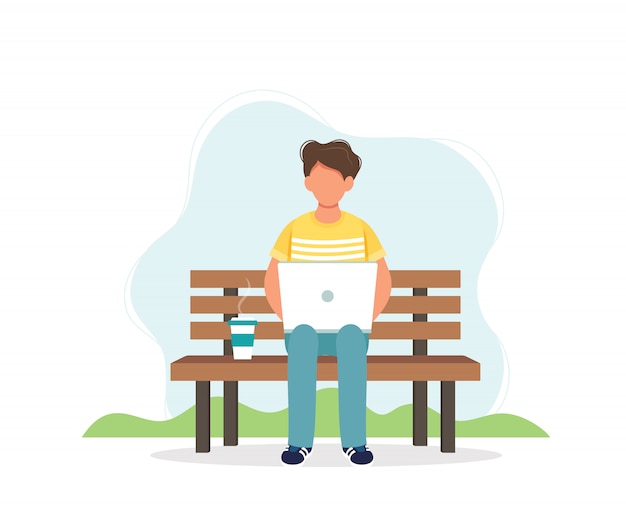 Man with laptop sitting on the bench with coffee cup. Premium Vector