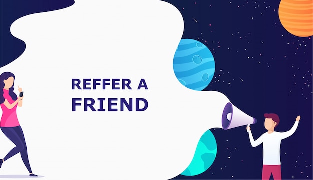 Man with megaphone concept refer a friend Premium Vector