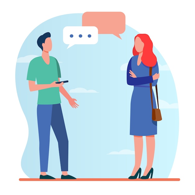 Free Vector | Man with smartphone and woman talking outside ...