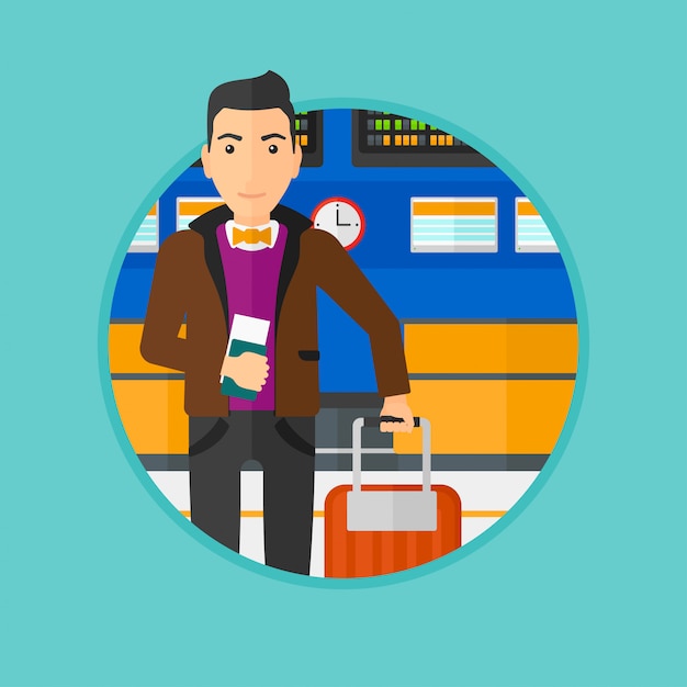 Man with suitcase and ticket at the airport. Premium Vector