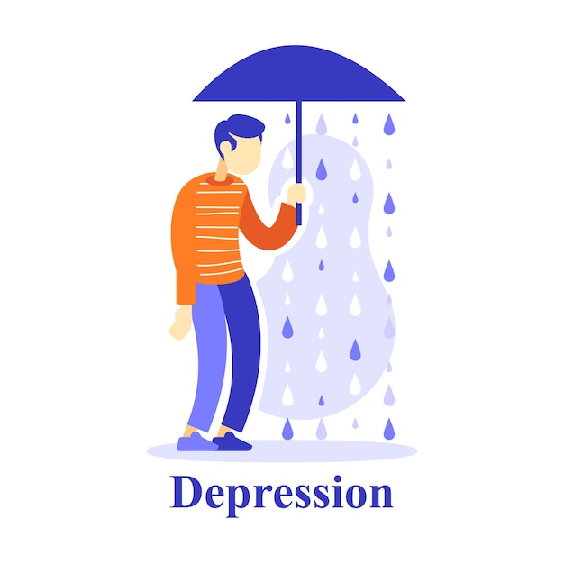 雨の下で傘を持つ男 うつ病の概念 不幸な人 不運または惨めな 悲観的な思考 人生に無関心 フラットなイラスト プレミアムベクター