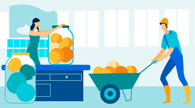 Man with wheelbarrow and woman spins jar. vector. Premium Vector