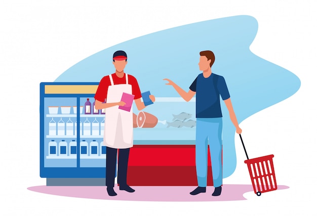 Man with worker at supermarket in the zone of meat and beverages fridges Premium Vector