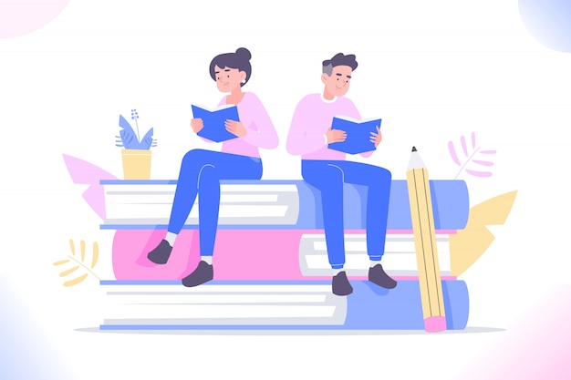 Premium Vector | Man and woman sitting on huge books and reading book