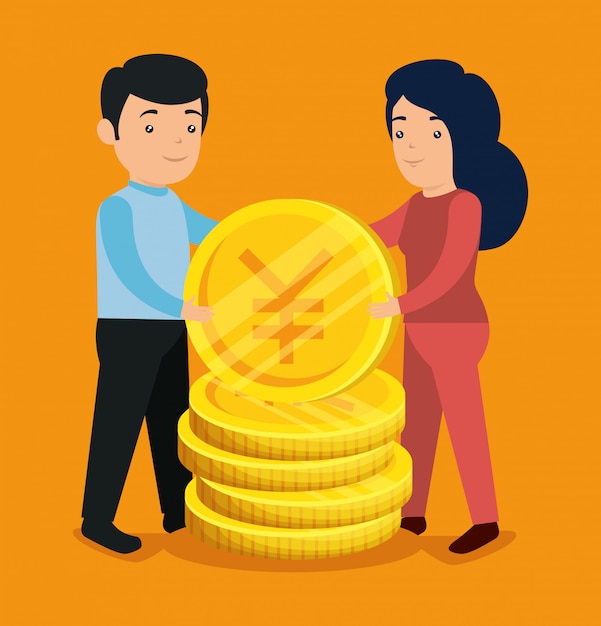 Man and woman with bitcoin and yen coins to exchange | Free Vector