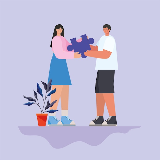 Premium Vector Man And Woman With Purple Puzzle Piece And Plants Illustration