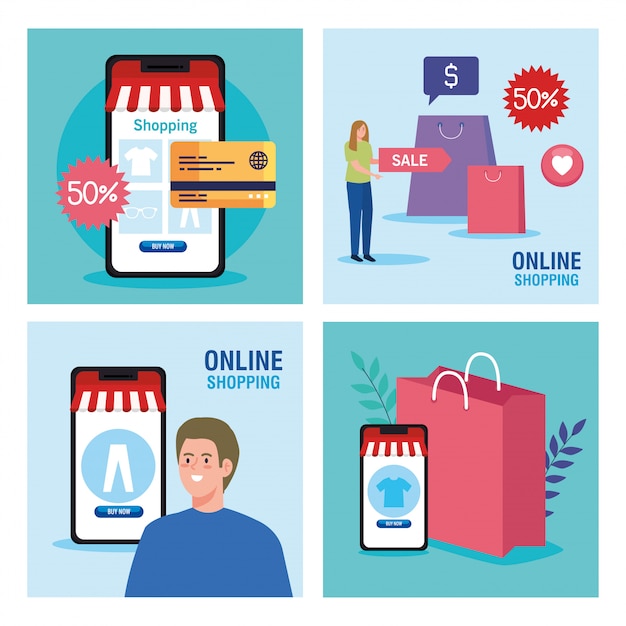 Download Free Man And Woman With Smartphones And Icon Set Of Shopping Online Use our free logo maker to create a logo and build your brand. Put your logo on business cards, promotional products, or your website for brand visibility.