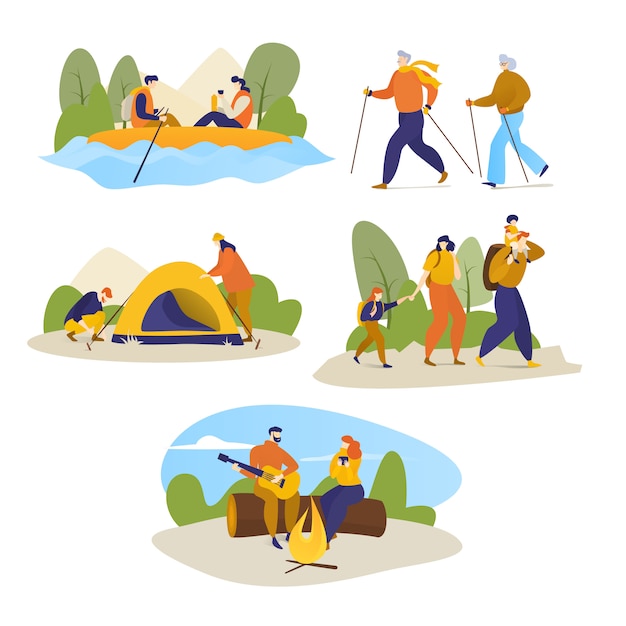 Premium Vector | Man, women, children hiking travel outdoors on hike ...