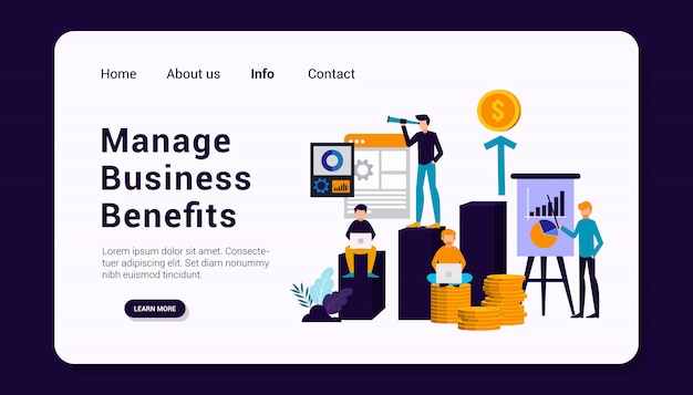 Premium Vector | Manage business benefits landing page template with  business human group concept, flat design.