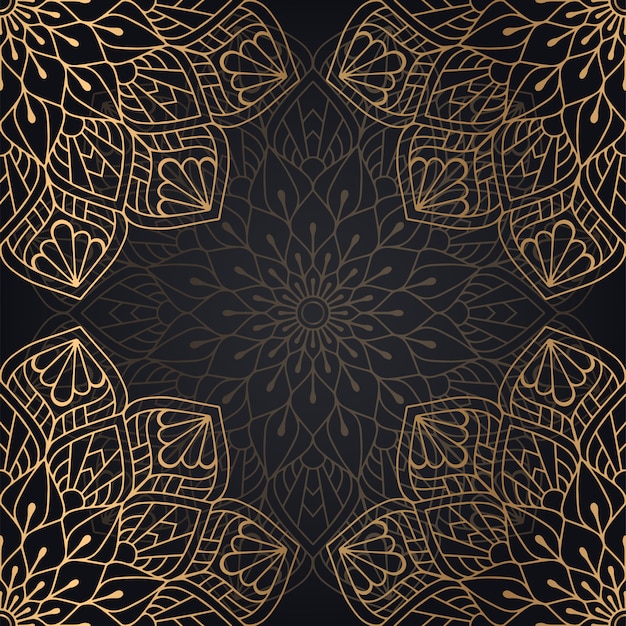 Mandala seamless pattern background design in black and golden color Free Vector