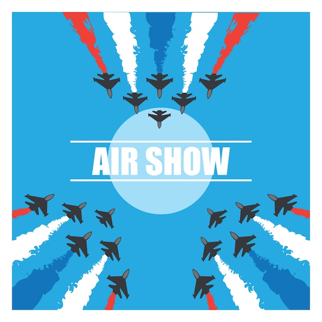 Maneuvers of an fighter planes in the blue sky
for air show banner. vector illustration