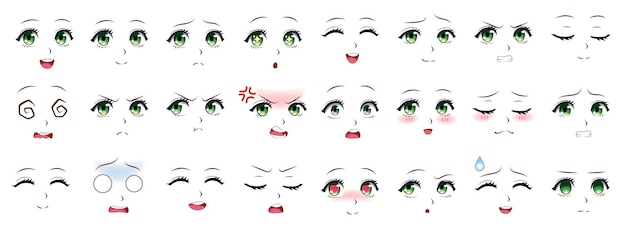 マンガ表現 アニメの女の子の表情 目 口 鼻 和風の眉毛 マンガの女性の感情の漫画のベクトルを設定します イラストキャラクターマンガ顔射少女 かわいい表情 プレミアムベクター