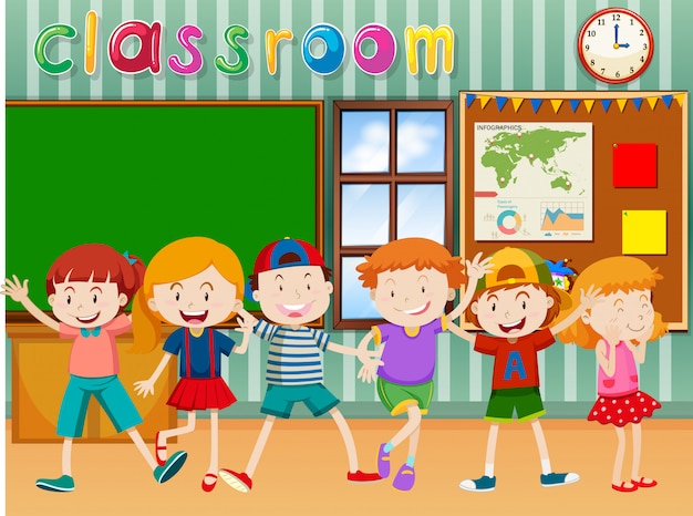 Many children in classroom Free Vector