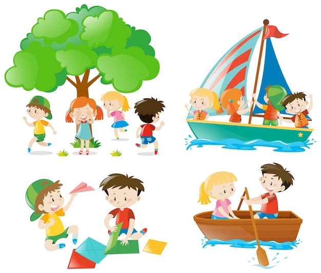 many children playing and doing different activities free vector