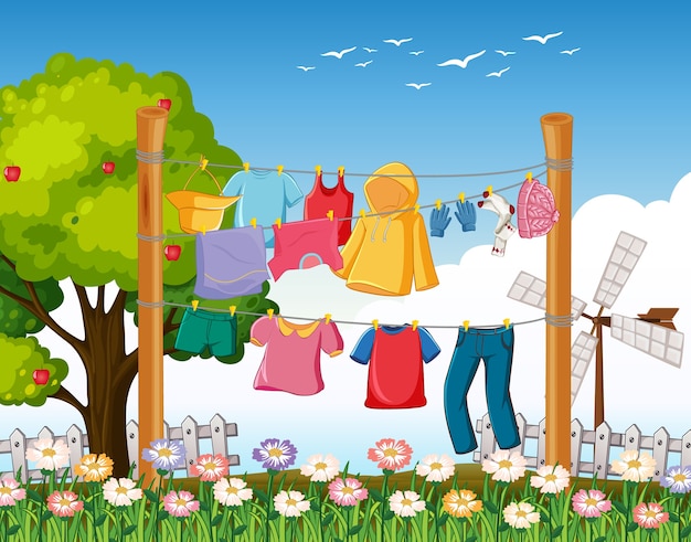 Free Vector | Many clothes hanging on a line in the outdoor scene