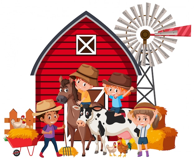 Premium Vector Many Happy Kids And Farm Animals On White Background