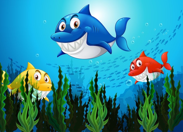 Free Vector | Many Sharks Cartoon Character In The Underwater Background