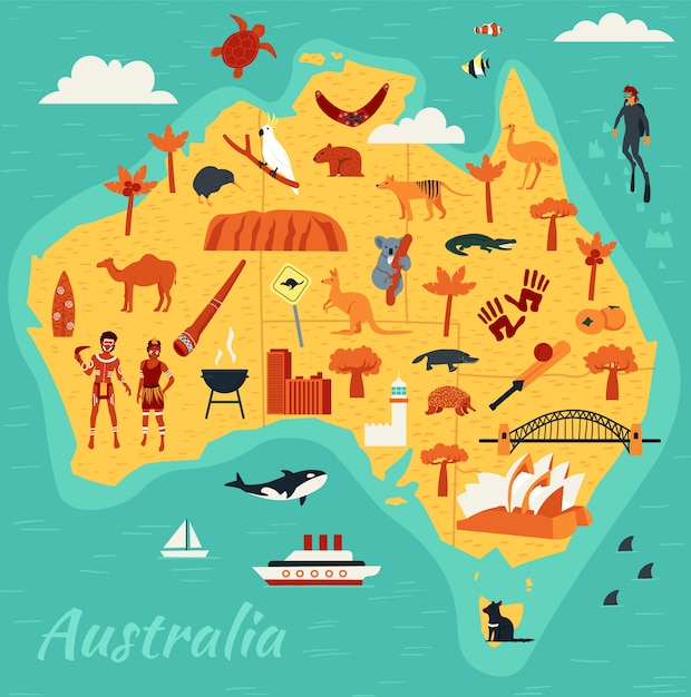 オーストラリアの主要観光スポット イラストの地図 プレミアムベクター
