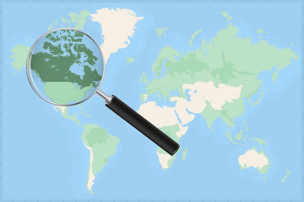 カナダの地図上の虫眼鏡で世界地図 プレミアムベクター